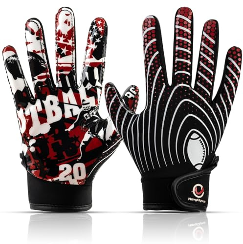 NavyGlyvux Youth Football Gloves, Super - Sticky Receiver Gloves for Kids Boasting Unbeatable Grip - The Perfect Present for Boys and Girls,Black/Red XS/S