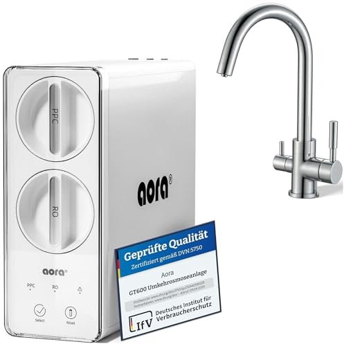 aora Impianto ad osmosi inversa GT600 + rubinetto a 3 vie in ottone cromato – Filtro acqua osmosi con filtrazione a 8 livelli e cambio filtro in impianto a osmosi a 3 secondi + sistema RO senza