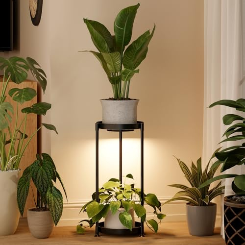 Bamworld Portapiante da Interno a 2 Livelli in Metallo con Luci di Coltivazione per Piante Multiple Supporti Rotondi in Ferro per Piante Scaffale per Giardino Patio Soggiorno Angolo Balcone