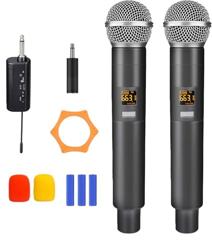 GOMETY Mikrofon Kabellos Set, Wireless Microphone UHF Kabellos Mikrofon Drahtloses 60m Reichweite Kabelloses Funk Handmikrofon mit wiederaufladbarem Empfänger Klinke Anschluss für Karaoke Gesang Party