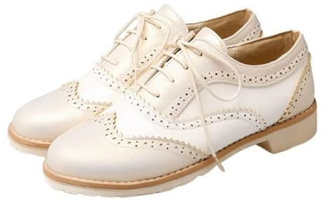 Dasongff Oxfords et Derbies Donna Moda Scarpe da Danza Punta Rotonda Tacco Piatto Outdoor Scarpe Da Ginnastica Retro Hollow Oxford con Tacco Tempo Libero Scarpe, beige, 39 EU