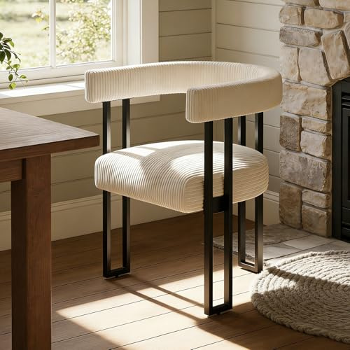 YEEFY Boucle Dining Chair Corduroy Upholstered Dining Room Chairs Kitchen Chairs with Metal Legs Mid Century Modern Chair for Dining Room, Kitchen (Cream, 1)