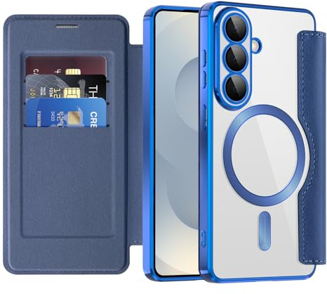 IMEIKONST för Samsung Galaxy S26 fodral flip kortficka mörkblå JDCX | RFID-blockering kortfack plånbok, premium PU-läder väska mobilskal, magnetisk transparent baksida skyddsfodral