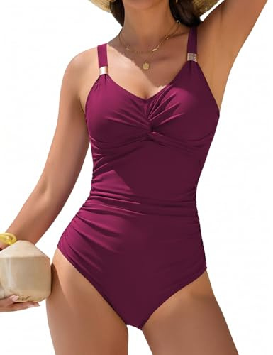 Nadeer Bañador Mujer Reductor Sexy Push up Traje de Baño de Una Pieza Nudo Torcido Cuello en V con Adornos Metálicos Swimsuit para Piscina y Playa(Rojo púrpura,XXL)