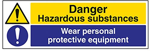 VSafety 6 a082AX-S Gefahr, Gefahrenstoffe/Schutzbekleidung tragen Achtung, Substanz und chemisches Zeichen, selbstklebendes Vinyl, Querformat, 300 mm x 100 mm, schwarz/blau/gelb.