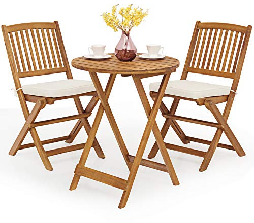 COSTWAY 3 Piece Folding Patio Bistro Set, Acacia Wood Table and Chairs with Cushions, Outdoor Dining Furniture Set for Balcony, Garden and Poolside (Cream)