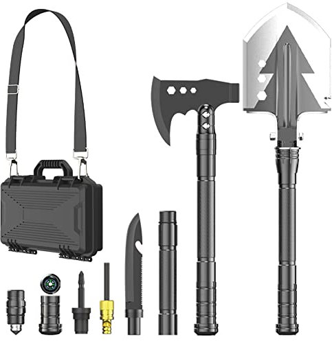 YANTOO Camping-Mehrzweck-Werkzeugsatz, professioneller Rettungswerkzeugkasten für Fahrzeuge, Militär-Klappschaufel, mit Axt, Kompass, Schraubendreher, Feuerstarter, mit Tragebox.