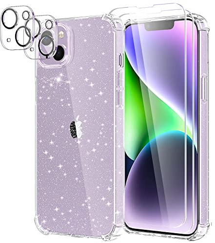 YIRSUR Glitter Case Compatible with iPhone 14 with 2 Pack Screen Protector and 2 Pack Camera Lens Protector, Glitter Air Cushion Soft TPU Bumper Anti-Scratch Shockproof Sparkly Cover for iPhone 14