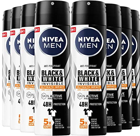 Nivea Men Black & White Invisible Ultimate Impact Deodorante Uomo Spray Antitraspirante 48h SkinActive Protection Contro Cattivi Odori Sudore Macchie Residui Irritazioni - 8 Flaconi da 150ml