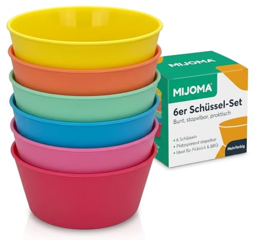 MIJOMA Set di stoviglie da campeggio, riutilizzabili, leggere, adatte al microonde e alla lavastoviglie, ideali per camper, viaggi, campeggiatori, feste, picnic e uso esterno, colorato (ciotole 6