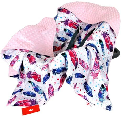 Babylux Baby EINSCHLAGDECKE 90 x 90 cm Einlage Babyschale Kinderwagen Buggy Decke Autoschale Autositz Minky Baumwolle 3-Punkt-Gurt Kleinkind Babydecke (9. Rosa +Feder)