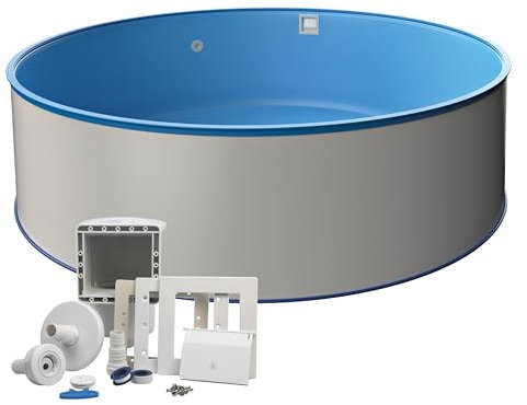 Runder Stahlwandpool-Set Ø 8,00 x 1,20 m, Stahlwand 0,6 mm, inkl. Bodenschienen & Handlauf, Einbauskimmer-Set, Innenhülle 0,6 mm in Blau, Made in Europe