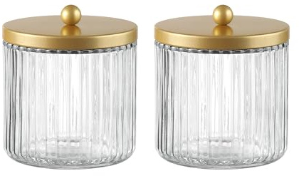 KMwares Matte Golden Yellow Set of 2 Glass Qtip Holder Dispenser Set for Cotton Ball, Swab, Round Pads, Floss Picks - Bathroom Canister Storage Organization and Vanity Makeup Organizer