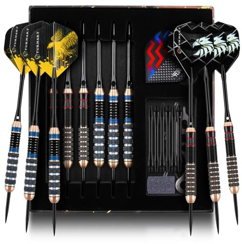 Turnart Jeu de fléchettes en métal – Fléchettes Professionnelles en Laiton avec Pointe en Acier 6 pièces 22/24 g avec étui élégant (Bleu)