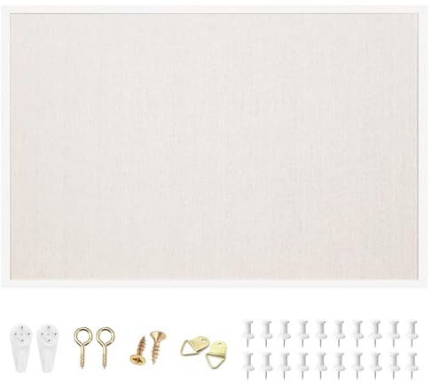 OWLKELA Tablón de anuncios de lino de 90 x 60 cm, tablero de corcho con marco blanco, marco de roble blanco, tablero de corcho de lino, tablero de visión y tablero decorativo para colgar