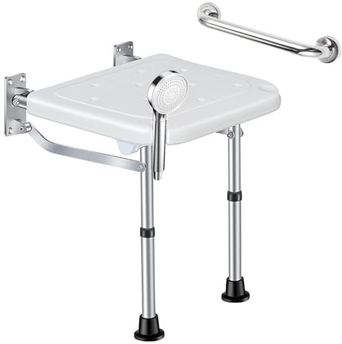 Sedile per Doccia a Parete, Sedia da Doccia Pieghevole con Altezza Regolabile, Sedia da Doccia Pieghevole Antiscivolo con Bracciolo, Sgabello Doccia Pieghevole a Muro per Anziani 400 Lbs