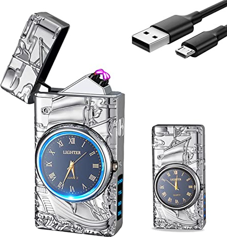 Encendedor de Arco de velero, Recargable por USB, encendedors de Metal Multifuncional con Esfera de Reloj Real iluminación LED (Plateado)