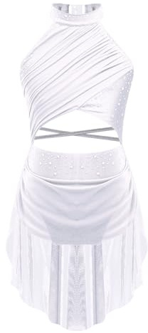 dPois Robe Danse Col halter ballet Sans Manches paillettes en strass brillante Tenue danse lyrique fille 5-16 Ans Blanc 11-12 ans