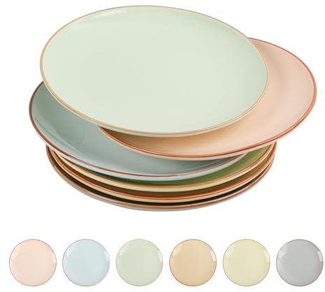 Assiettes Plates Grande Assiette Plate - Lot de 6 Assiettes à Dîner aux Teintes Bonbon - Set Assiette Ceramique Colorées - Ensemble Assiette Grand pour Servir Salade | Steak | Spaghetti - 25,3 cm