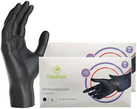 DeinPack 200 Einweghandschuhe schwarz, Einmalhandschuhe L, Nitril Handschuhe, Nitrilhandschuhe puderfrei, Gummi-Handschuhe Einweg, Schutzhandschuhe, Handschuhe Nitril in S, M, L, XL (L)