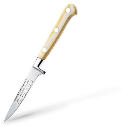 Puntilla Peladora Simón PRO Micarta 9.5 cm - Cuchillo Profesional para Pelar y Deshuesar Aves, Acero Forjado con Mango de Micarta, Funda de Piel Negra Incluida, Fabricado en España