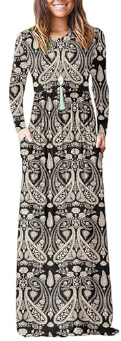 AUSELILY Women's Casual Maxi Dress Long Sleeve | Autumn/Winter Dresses for Women uk,Long Casual Dress with Pockets,Round Neck,daily wear,Comfortable fabric,Polyester,Spandex