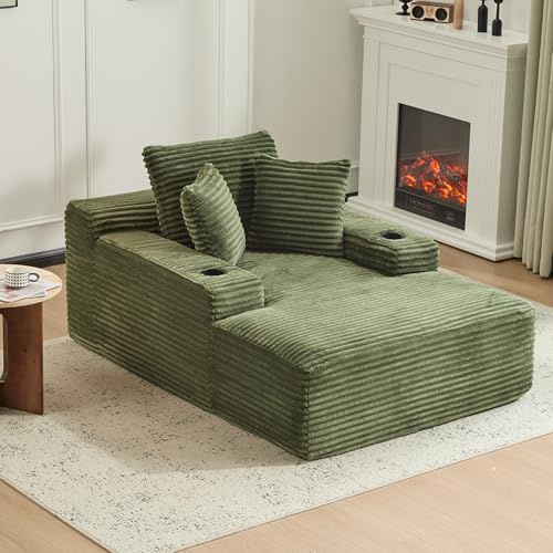 66 Oversized Chaise Lounge Sofa Chair Indoor, Modern Corduroy Single Sleeper Couch Chair with 3 Soft Pillows＆Cup Holder, Boneless Cloud Couch Single Seat Sofa Bed for Living Room Office (Green)