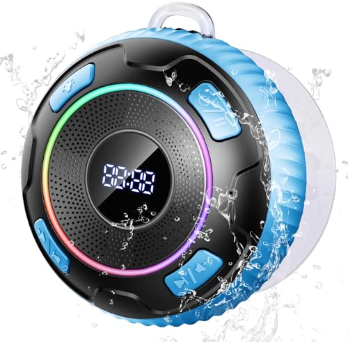 Hupoaf Shower Speaker Bluetooth 5.3, 2025 IP7 Waterproof Speaker, Portable Speaker with Deep Bass, 6D HIFI Stereo, Outdoor Speaker Weatherproof, 10H Playtime, RGB, for Bathroom, Travel, Sky blue