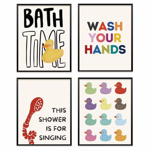 VONTP Rubber Duck Bathroom Wall Art Decor, 8x10 Inch Set of 4 (Unframed)