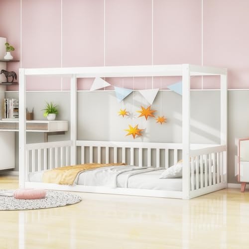 OOIILLEE Lit Enfant 90x200 cm en Bois Massif à Baldaquin,Lit de Rêve avec Tête de Lit pour Fille et Garçon, Ado, Adolescent, Chambre d'enfants