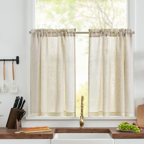 TOPICK Linen Look Kitchen Curtains, Lace Cafe Window Tiers, W36xL36, Crude | Rod Pocket Light Filtering Curtains for Small Basement, Laundry Room, Sink, Solid, Rustic Style, Rod Pocket, 2 Panels
