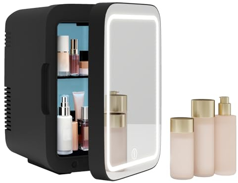 eklipt - Mini Fridge with Dimmable LED Mirror (4 Liter/6 Can), AC/DC Portable Beauty Fridge, for Refrigerating Makeup, Skincare and Food, Bedroom, Office and Car, Black[Energy Class F]