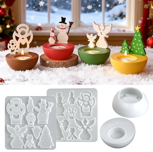CHIHOLEN Stampi in silicone stampi per colata Natale, 2 pezzi stampo in silicone portacandele con albero di Natale angelo pupazzo di neve, stampi in gesso per colata, stampo per candele stampo per