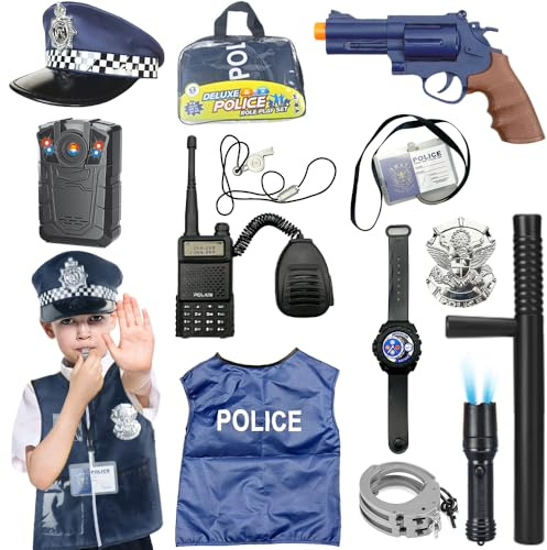 Mineup Costume Poliziotto Bambino, 13pcs Police Costume Bambina Con Manette Walkie-talkie Binocolo, Vestito Poliziotto Bambino, Polizia Vestito Accessori Per Halloween Bambini Cosplay Carnevale