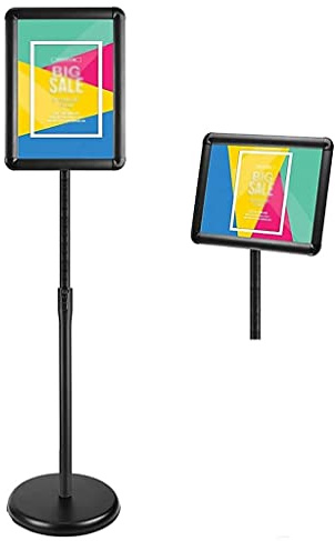 Justerbart A4-affischställ, golvskylthållare, aluminium, snäppram, menyställ, utbytbart reklamställ, golvdisplayställ med säkerhetshörn och stabil rund bas (färg: svart, storlek: A