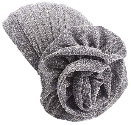 Fxhixiy Women Elastic Glitter Big Flower Turban Beanie Head wrap Hair Loss Chemo Cap Hat (Silver)