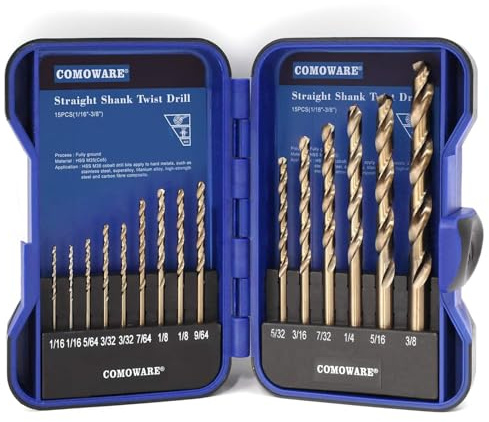 COMOWARE 15Pcs Drill Bit Set (1/16-3/8), M35 HSS Twist Drill Bits, Jobber Length, Straight Shank, Metal Drills bit Set for Steel, Stainless Steel/Iron/Wood/Plastic, with Metal Indexed Storage Case