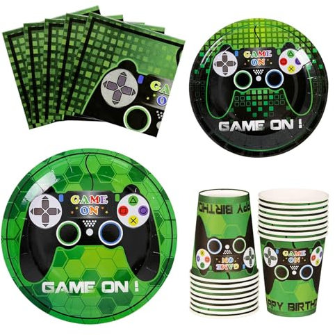 WERNNSAI Ensemble de Vaisselle de Fête de Jeu Vidéo - Articles de Fête de Jeu pour Les Garçons d'anniversaire Serviettes Assiettes et Gobelets en Papier pour 16 Personnes 64 PCS