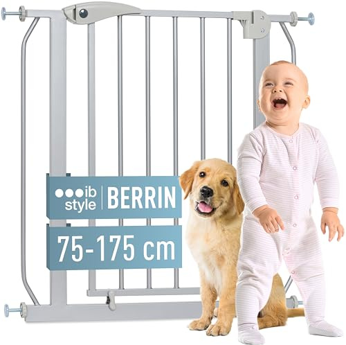 ib style Cancelletto per Bambini di Sicurezza Berrin - Scale e Porte, Senza forature, Metallo, 90° Stop, Anche per Cani e Animali Domestici, Grigio, Larghezza: 140-150 cm