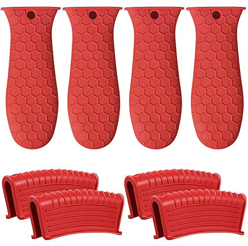 8 Pack Cast Iron Handle Cover, Silicone Hot Handle Holder, Assist Handle Holder, Non-Slip Pot Holder Sleeve, Pot Handle Covers Heat Resistant Potholder Cookware Silicone Cast Iron Handle Cover, Red