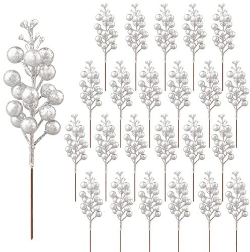 24 Pack Glitter Silver Berry Stems,Artificial Glitter Silver Berries Picks Holly Red Berries Branches Christmas Berry Stem Picks for Christmas Tree Wedding Holiday Season Winter Home Decoration(19CM )