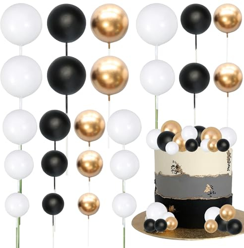 Gyufise 30Pcs Black White Gold Ball Cake Toppers Mini Balloon Cupcake Toppers DIY Foam Ball Cake Insert Decoration for Wedding Anniversary Birthday Party Supplies