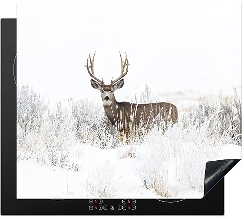 MuchoWow© Protège-plaque à induction | 59x52 cm - Plaque Protection Vitrocéramique Induction - Vinyl - Cerf - Hiver - Neige - Animaux - Saisons - Blanc - Couvre