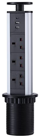 Pull Pop Up Power Sockets for Kitchen Worktops Electrical Plug Socket with 1 Type-C & 2 USB Charging Ports, Black