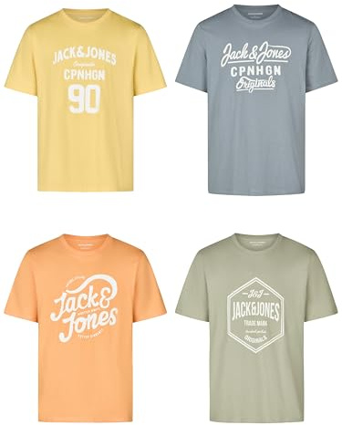 Jack & Jones JJLINO Camiseta de Manga Corta con Cuello Redondo, Corte Regular, Estampado de Verano, 100% algodón, Paquete de 4, XXXL