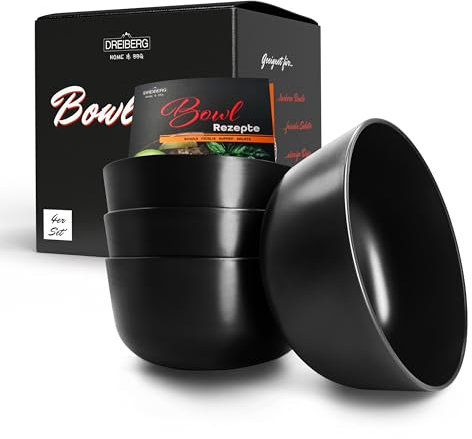 DREIBERG Juego de 4 Cuencos para Cereales de RPET ecológico Negro, aptos para lavavajillas y microondas, diseño clásico y resistente para el uso diario