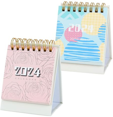 2023-2024 Mini skrivbordskalender, bärbar liten rosa ros skrivbordskalender, 2 st stående flip akademiska år månadskalendrar med guldspole, lätt att läsa