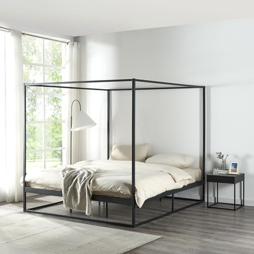 [en.casa] Cadre de Lit à Baldaquin avec Sommier à Lattes Lit Double Adulte Cadre à Lattes sur Pied Design Élégant Stable Capacité de Charge 200 kg Chambre à Coucher Métal 180 x 200 cm Noir