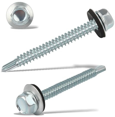 110 Autofilettanti per Lamiera Trapezoidale, 5,5 x 50 mm, Esagonali Con Rondella di Tenuta Zincata (Argento)