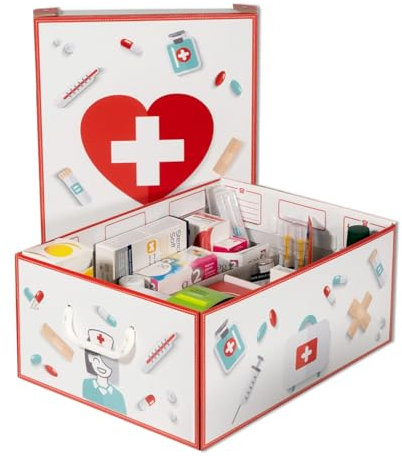 Lavatelli Pharma Organizer, Scatola in CARTONE per Medicinali con Divisore Interno, Organizer Farmaci, 32x42x17,5 cm, Include Scatola Cassetta Primo Soccorso (vuota) e 4 Schede Mediche.
